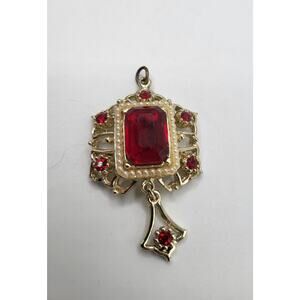 Vintage Red Glass Pearl Pendant Silver Tone Filigree Drop